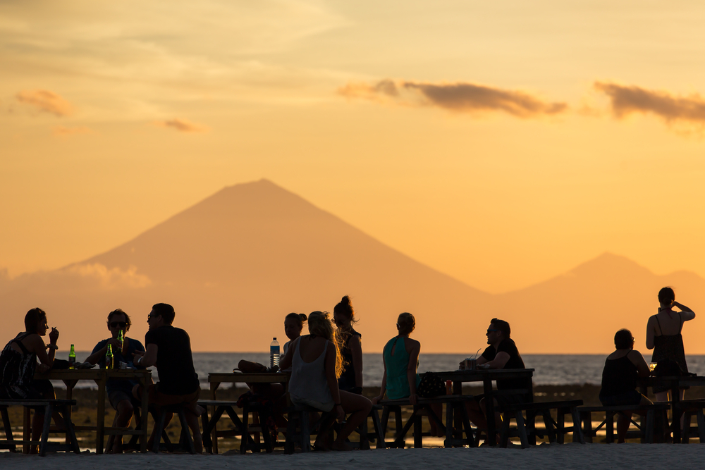 Many beachside restaurants in Gili Trawangan have sensational views of Mt. Agung